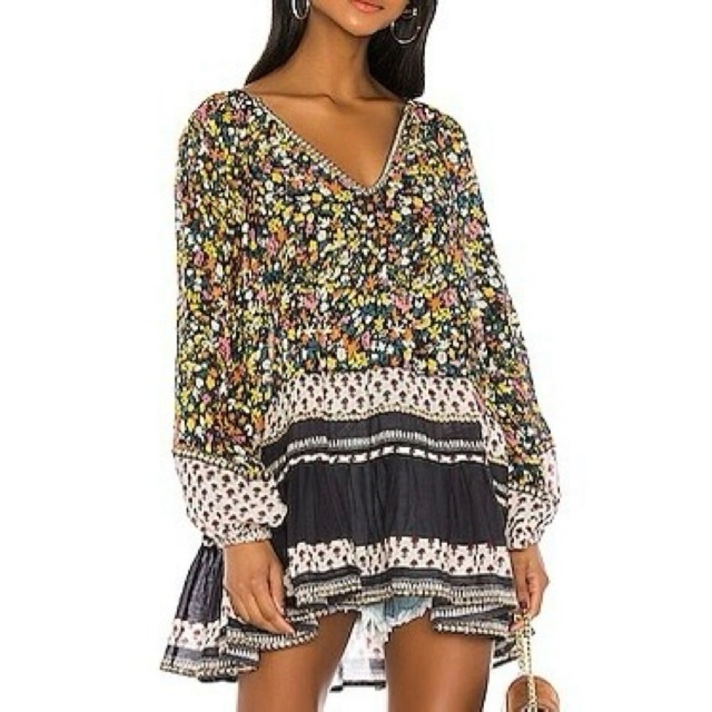 Free People Gardenia Floral Tunic Top Black Combo Sz Small NWT